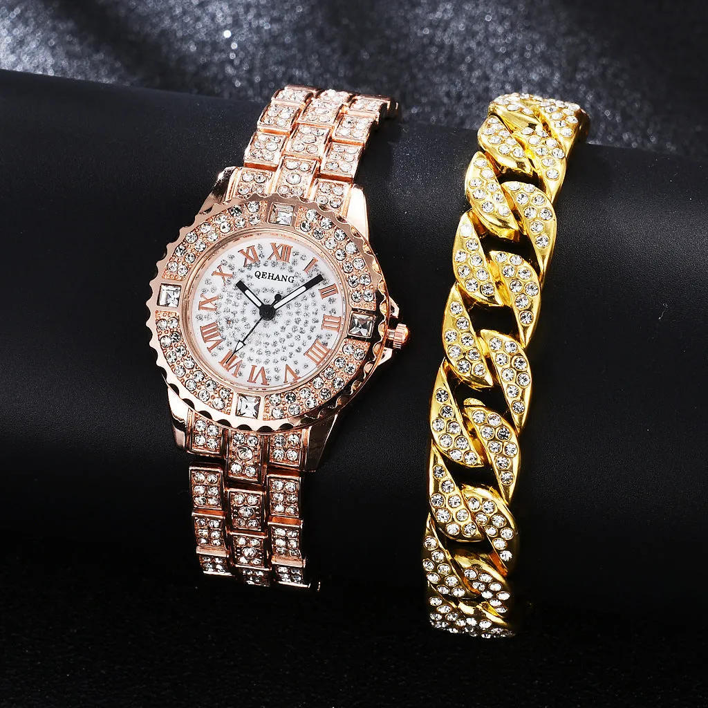 Women's quartz watch with diamond accents, round 26mm dial, alloy case, gold finish