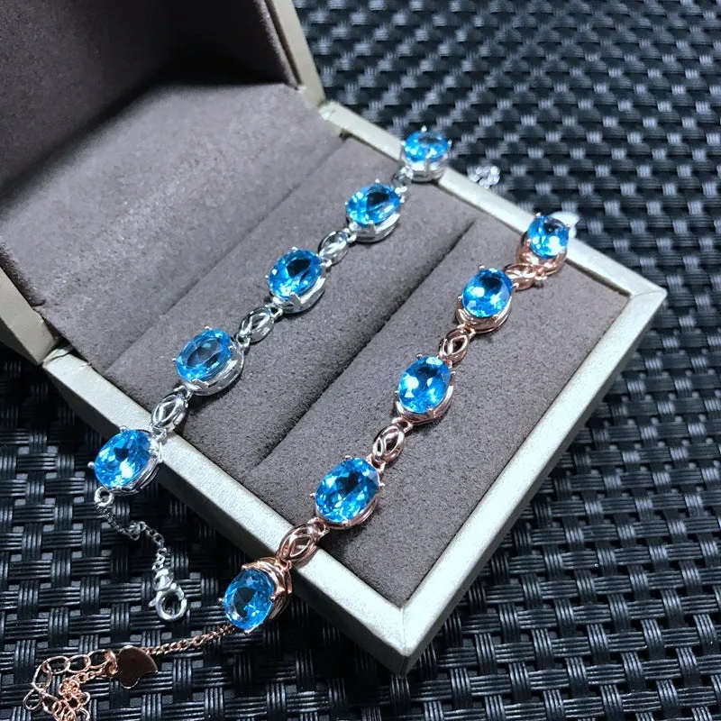Natural topaz bracelet in 925 sterling silver with five 6x8mm Mozambique gemstones micro inlay rose gold colour
