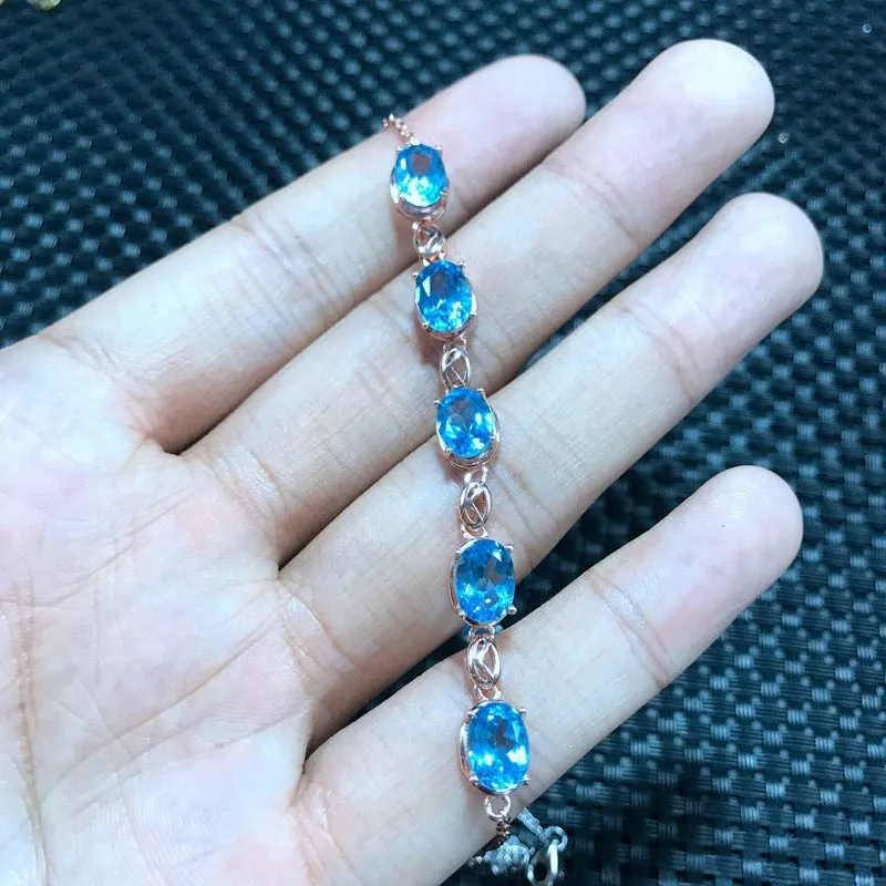 Natural topaz bracelet in 925 sterling silver with five 6x8mm Mozambique gemstones micro inlay rose gold colour