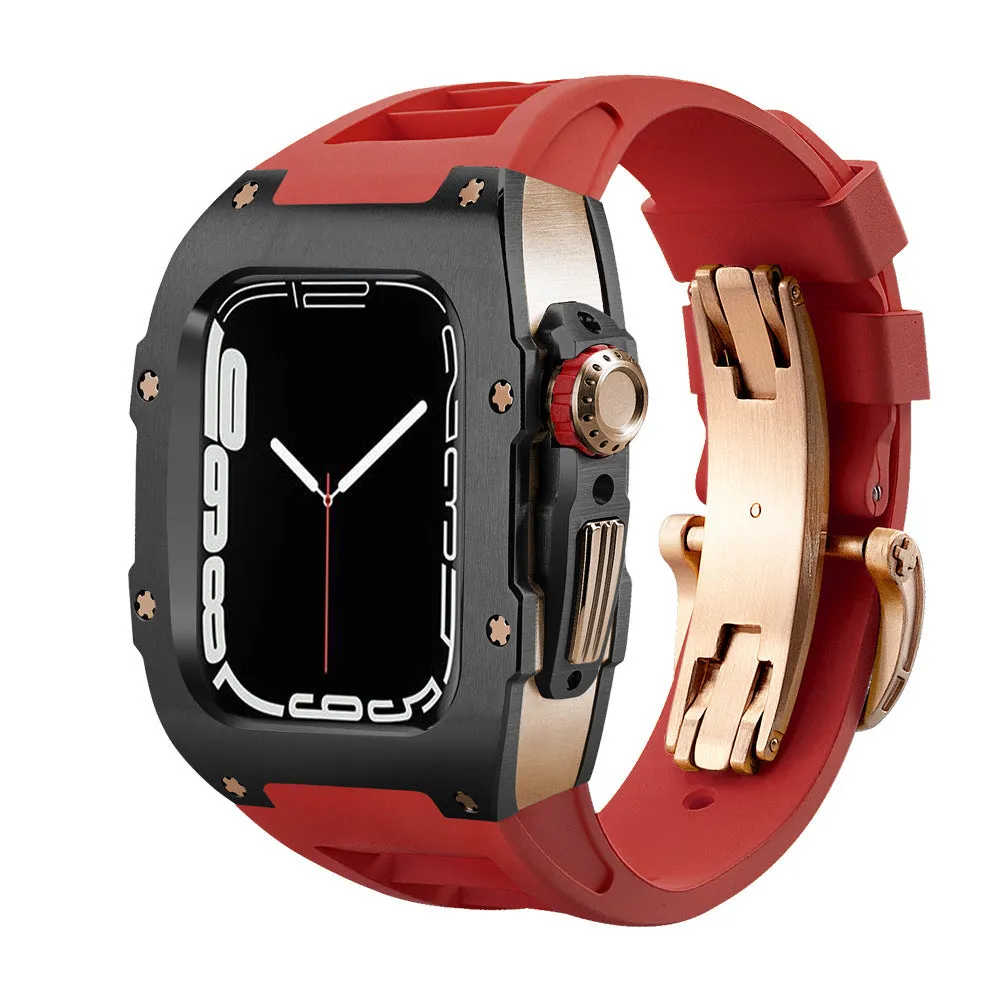 Stainless steel protective case strap with black fluororubber band and rose gold frame for Apple Watch 44mm