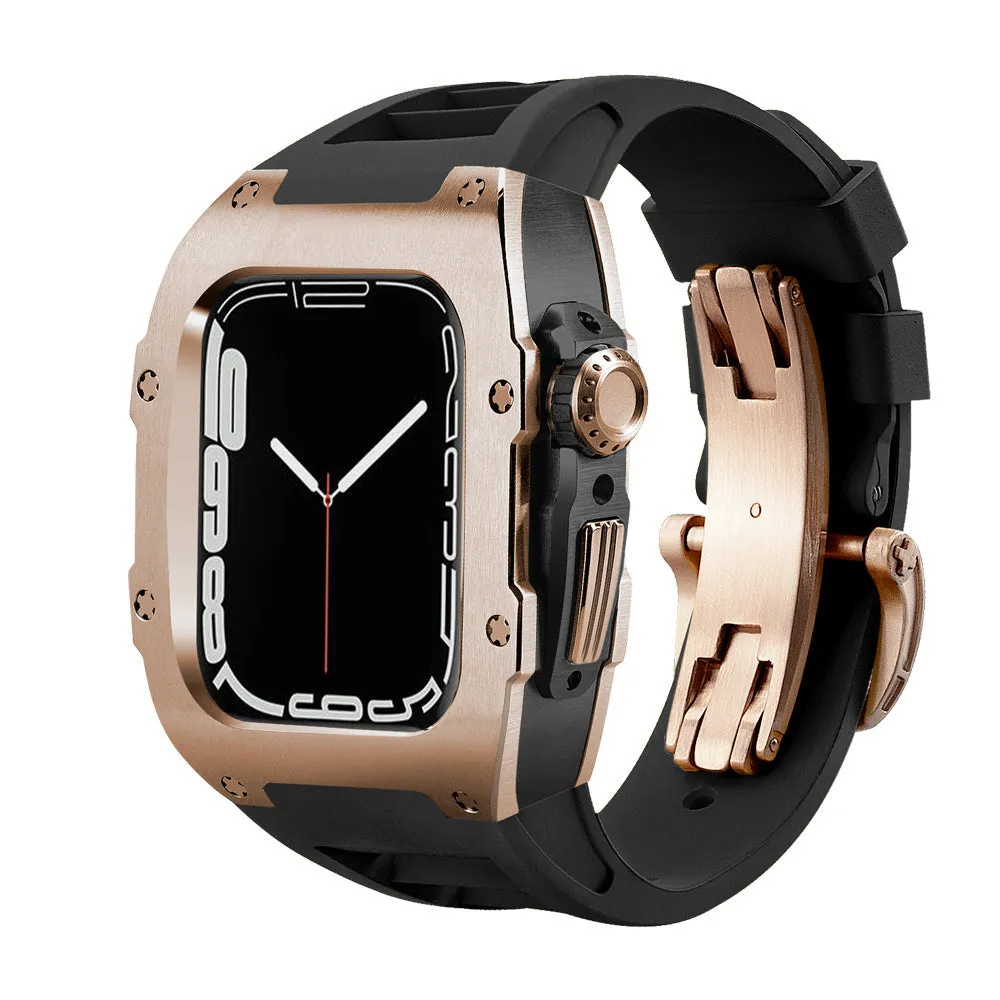 Stainless steel protective case strap with black fluororubber band and rose gold frame for Apple Watch 44mm