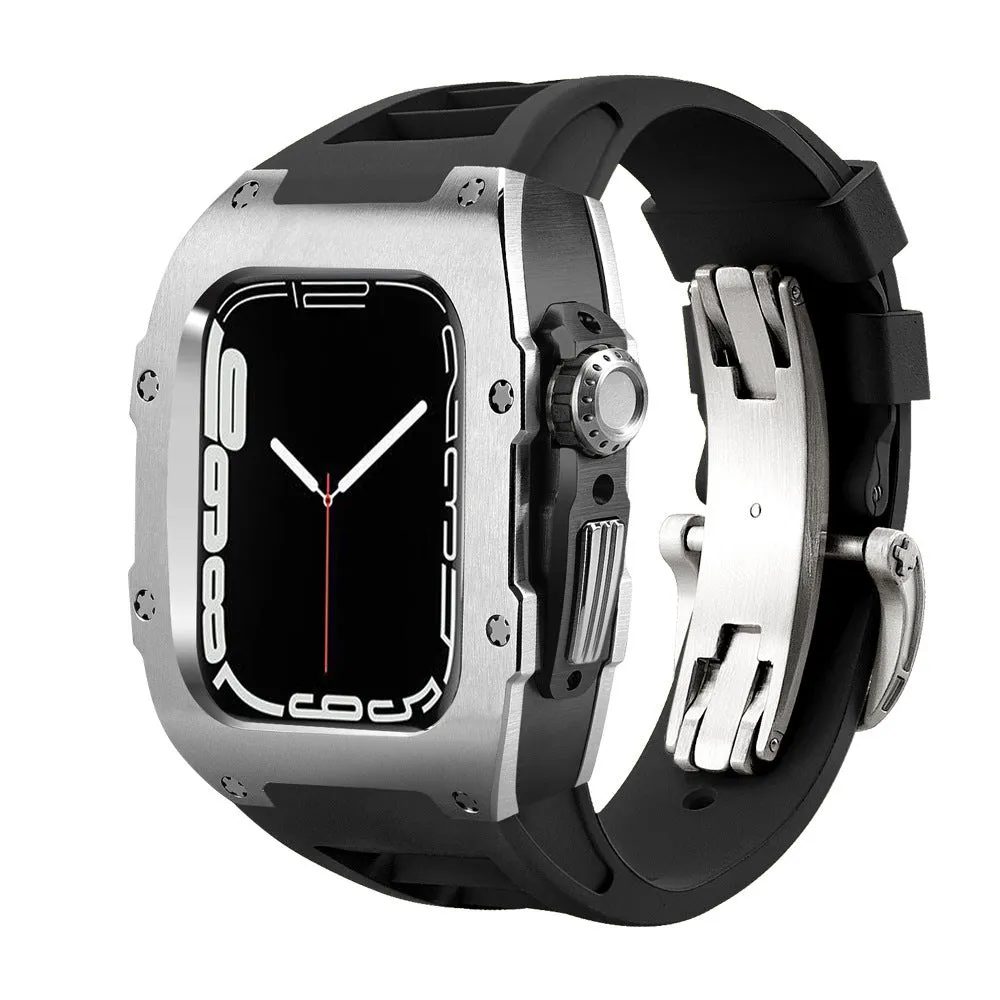 Stainless steel protective case strap with black fluororubber band and rose gold frame for Apple Watch 44mm