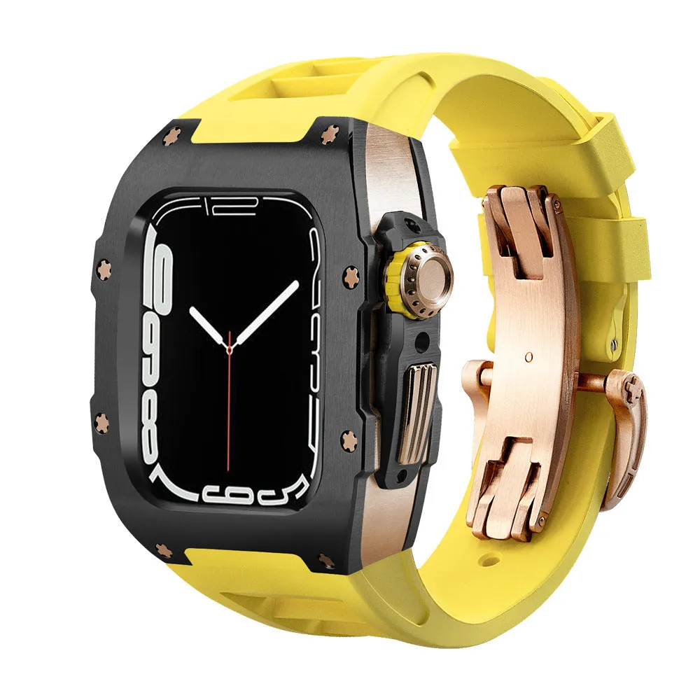 Stainless steel protective case strap with black fluororubber band and rose gold frame for Apple Watch 44mm