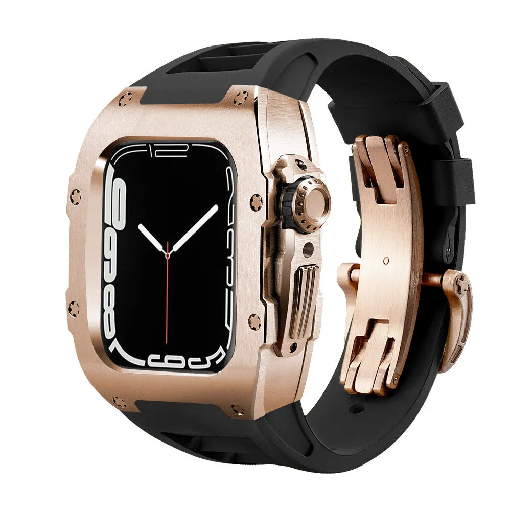 Stainless steel protective case strap with black fluororubber band and rose gold frame for Apple Watch 44mm