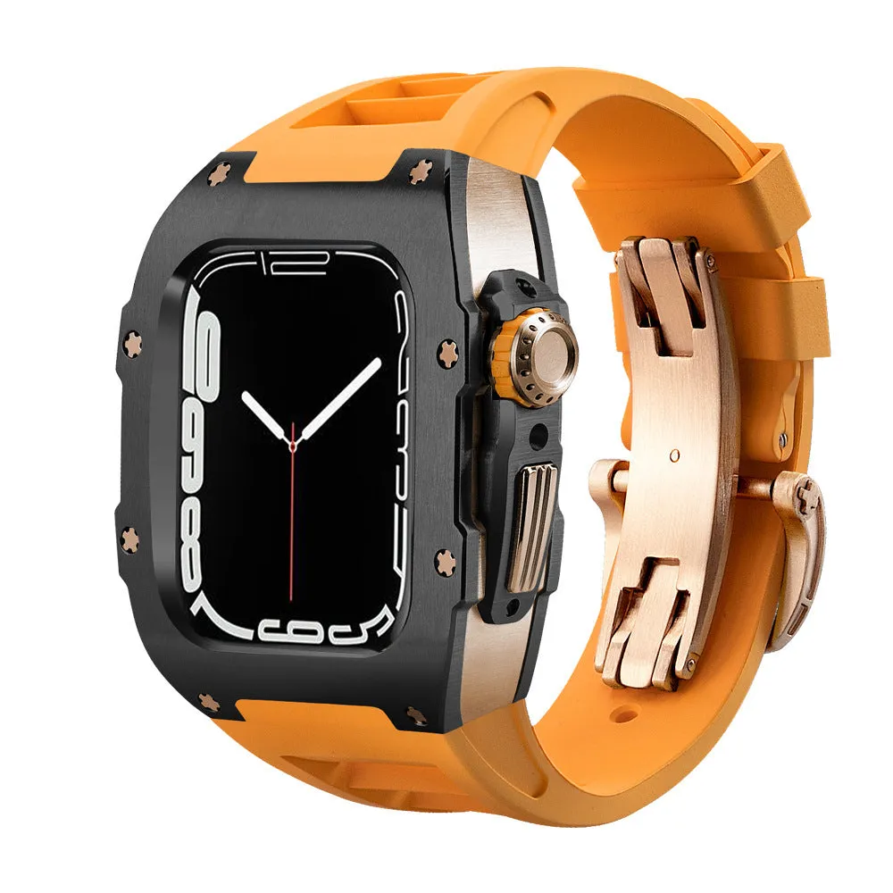 Stainless steel protective case strap with black fluororubber band and rose gold frame for Apple Watch 44mm