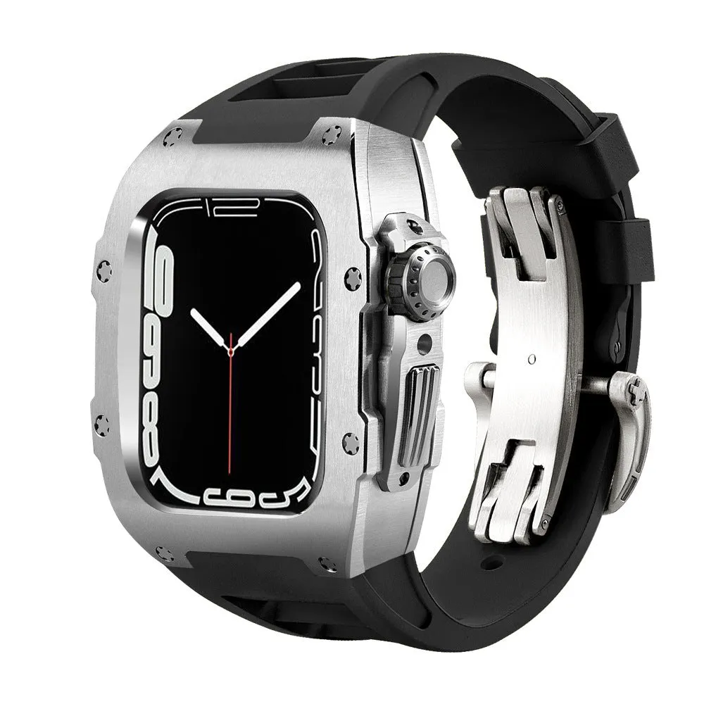 Stainless steel protective case strap with black fluororubber band and rose gold frame for Apple Watch 44mm