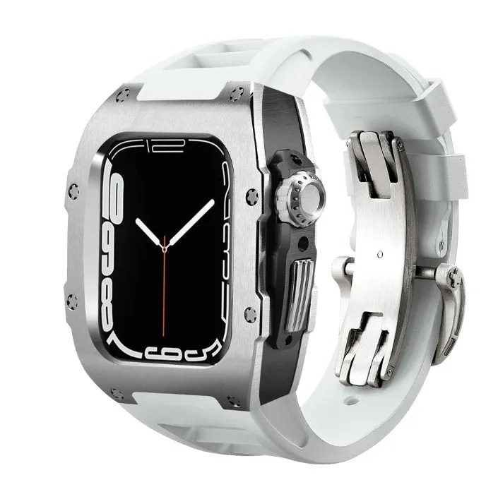 Stainless steel protective case strap with black fluororubber band and rose gold frame for Apple Watch 44mm