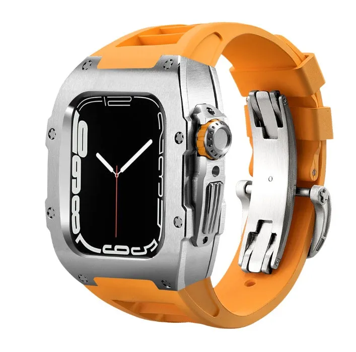 Stainless steel protective case strap with black fluororubber band and rose gold frame for Apple Watch 44mm