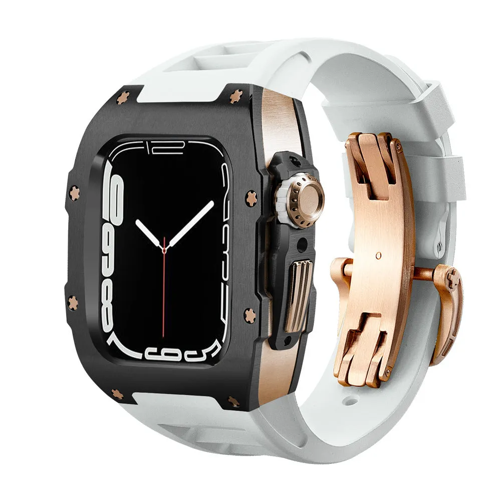 Stainless steel protective case strap with black fluororubber band and rose gold frame for Apple Watch 44mm