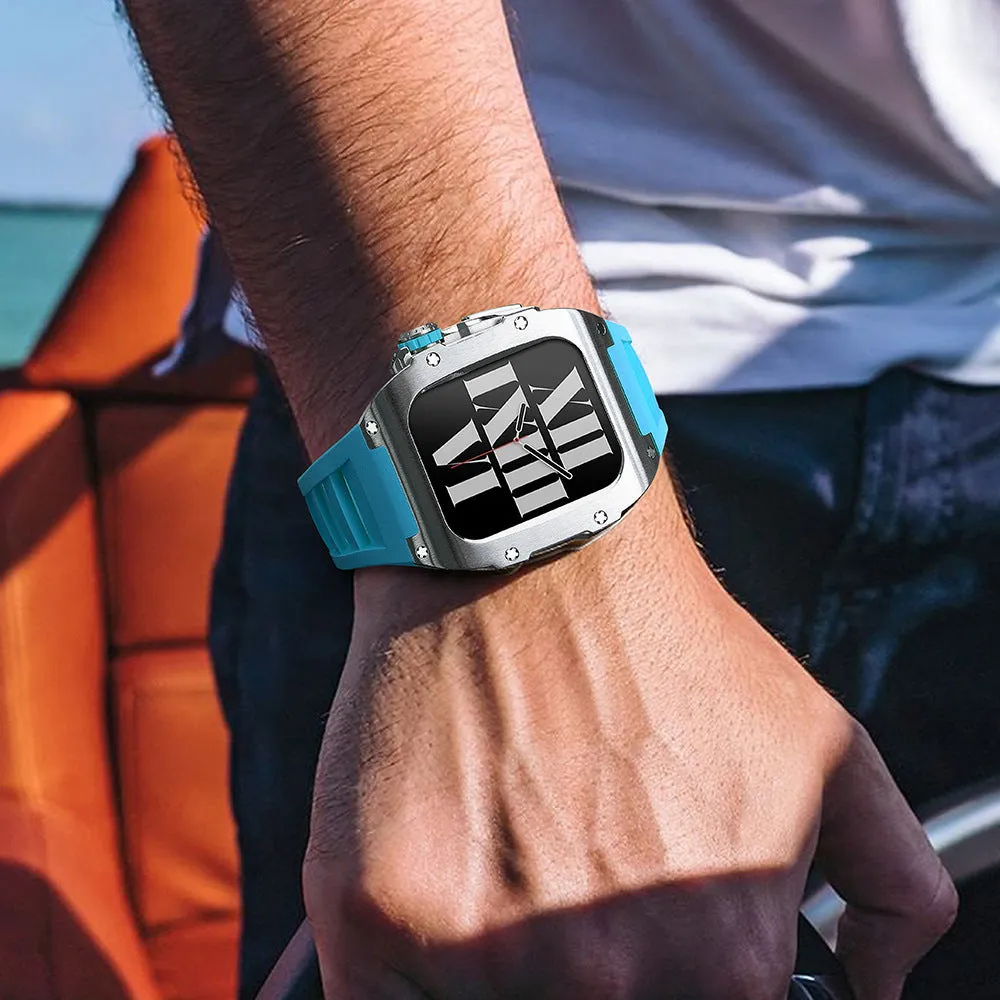 Stainless steel protective case strap with black fluororubber band and rose gold frame for Apple Watch 44mm
