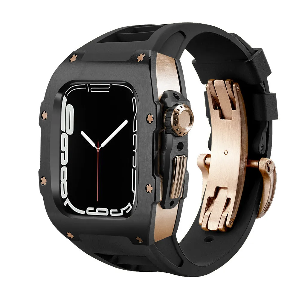 Stainless steel protective case strap with black fluororubber band and rose gold frame for Apple Watch 44mm