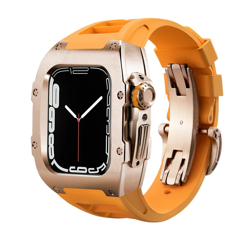 Stainless steel protective case strap with black fluororubber band and rose gold frame for Apple Watch 44mm