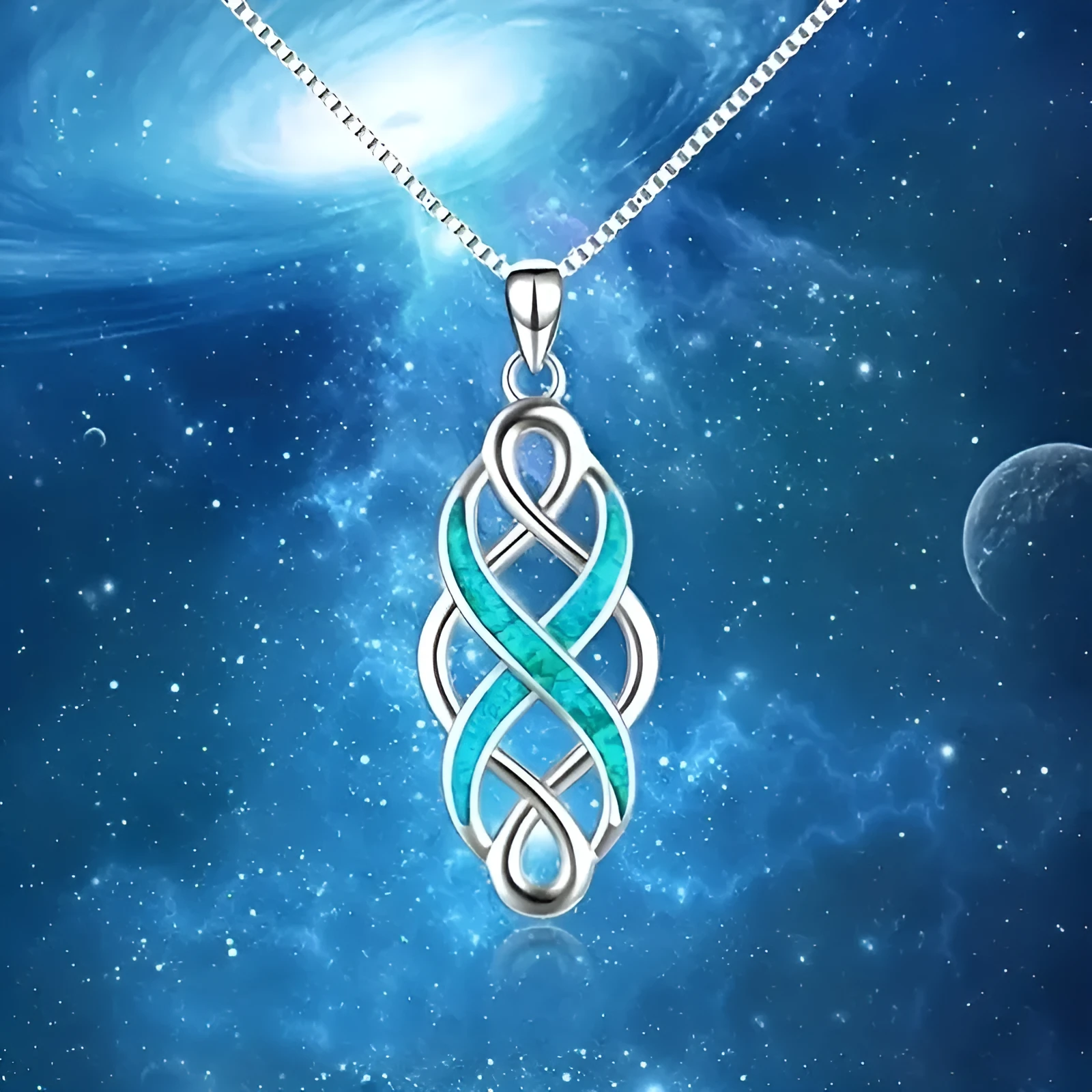 Blue alloy Irish Celtic pendant necklace on cross chain with ellipse and ring motif