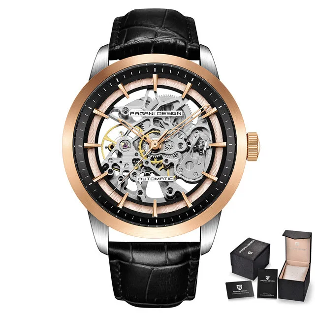 PAGANI DESIGN PD-1638 men's mechanical watch with 43mm dial and black leather strap