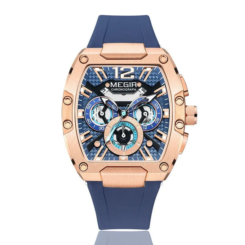 Wine Barrel men's multi-function sports watch with gold case and black strap, 44mm dial