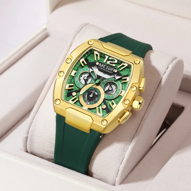 Wine Barrel men's multi-function sports watch with gold case and black strap, 44mm dial