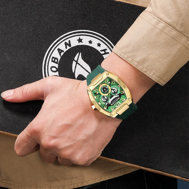 Wine Barrel men's multi-function sports watch with gold case and black strap, 44mm dial