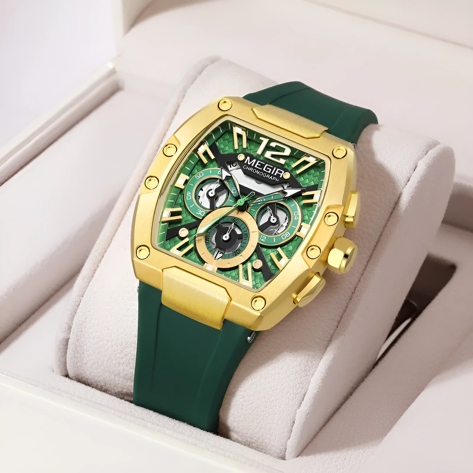 Wine Barrel men's multi-function sports watch with gold case and black strap, 44mm dial