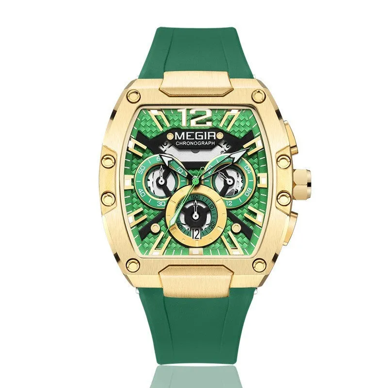 Wine Barrel men's multi-function sports watch with gold case and black strap, 44mm dial