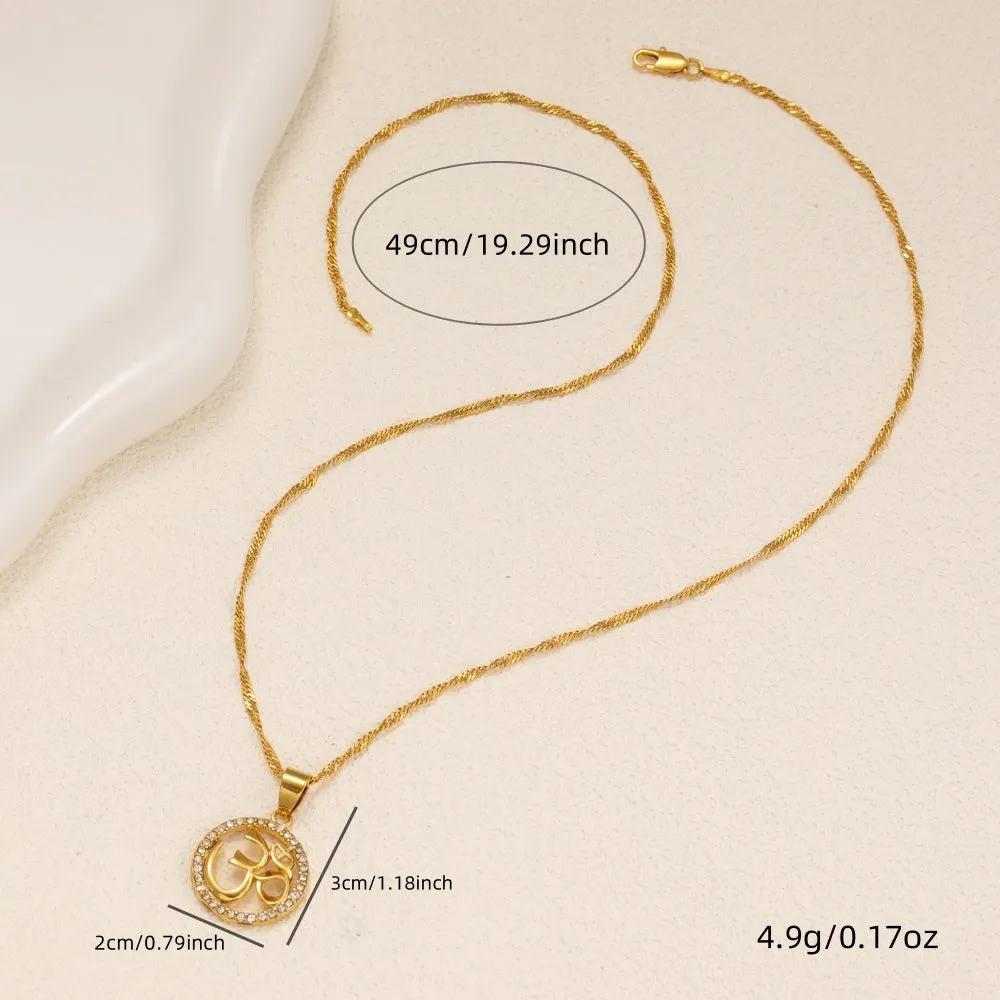 Gold plated copper circular pendant necklace with diamond edge inlay and OM symbol