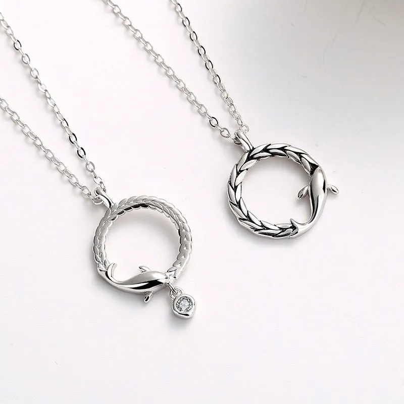 S925 sterling silver fish pendant necklace with diamond-encrusted finish and silver chain