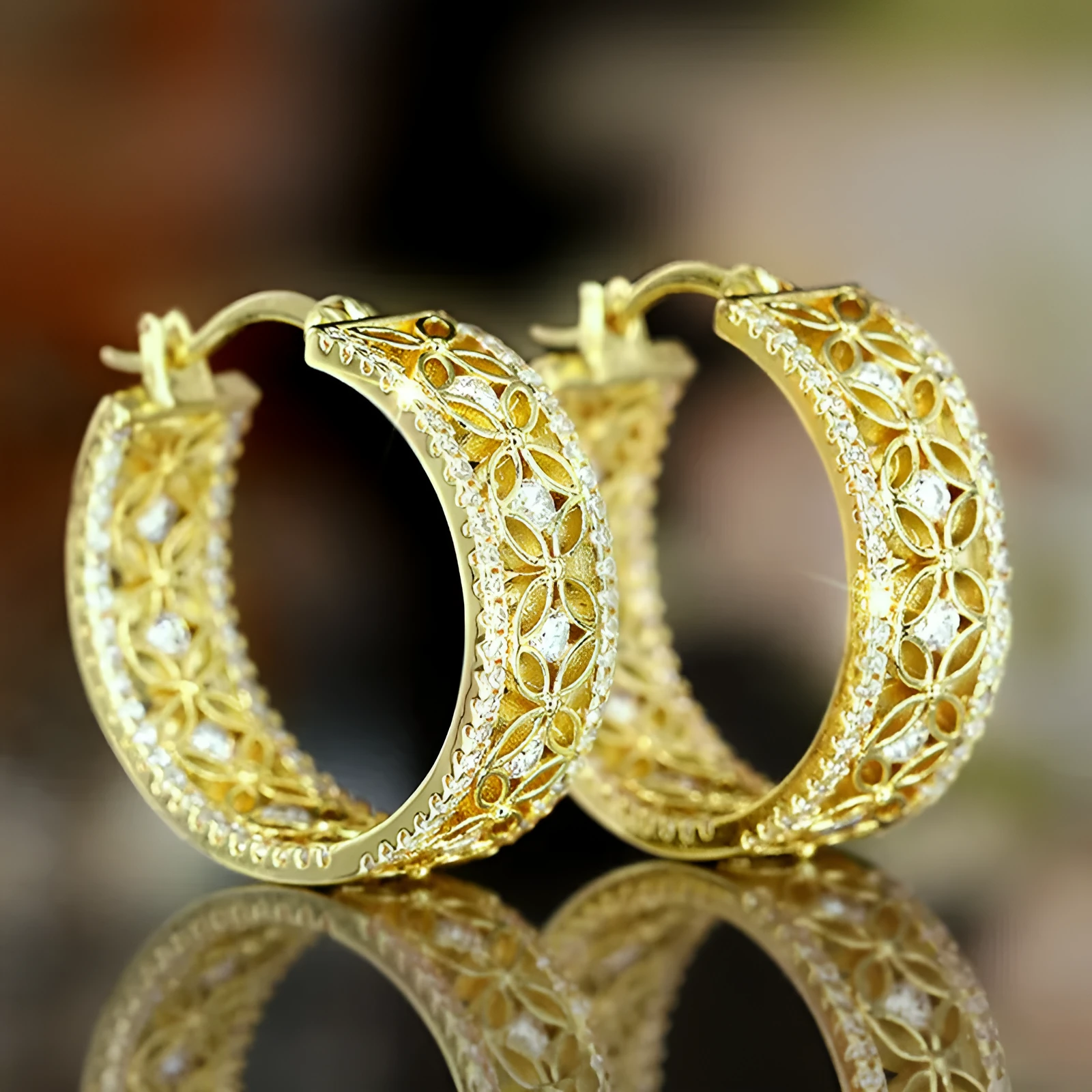 Copper clip-on earrings with horse eye flower butterfly design in yellow gold colour