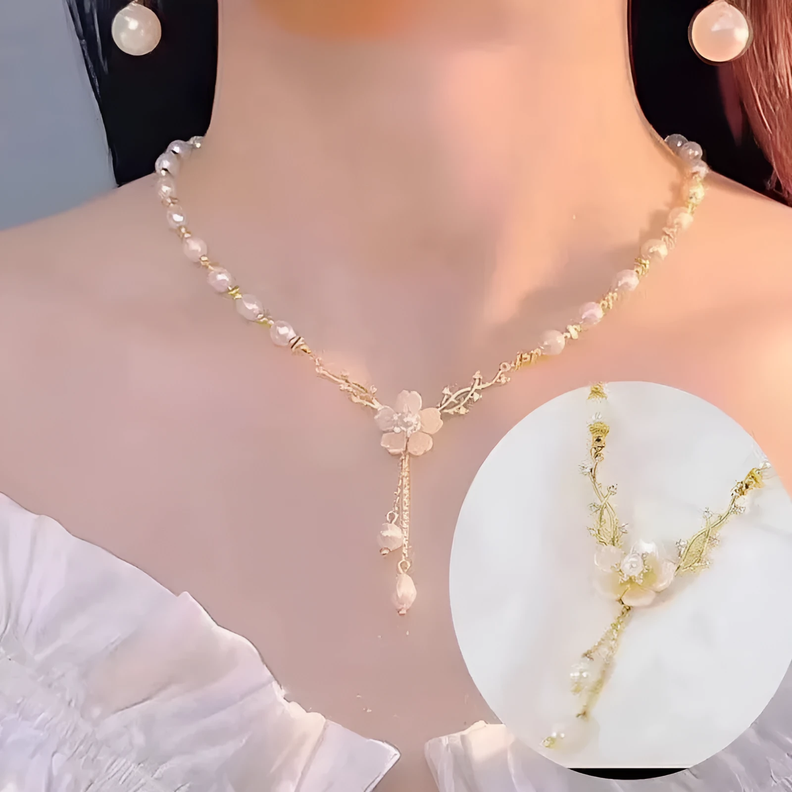 Alloy pearl flower necklace with chain design and floral decorative elements
