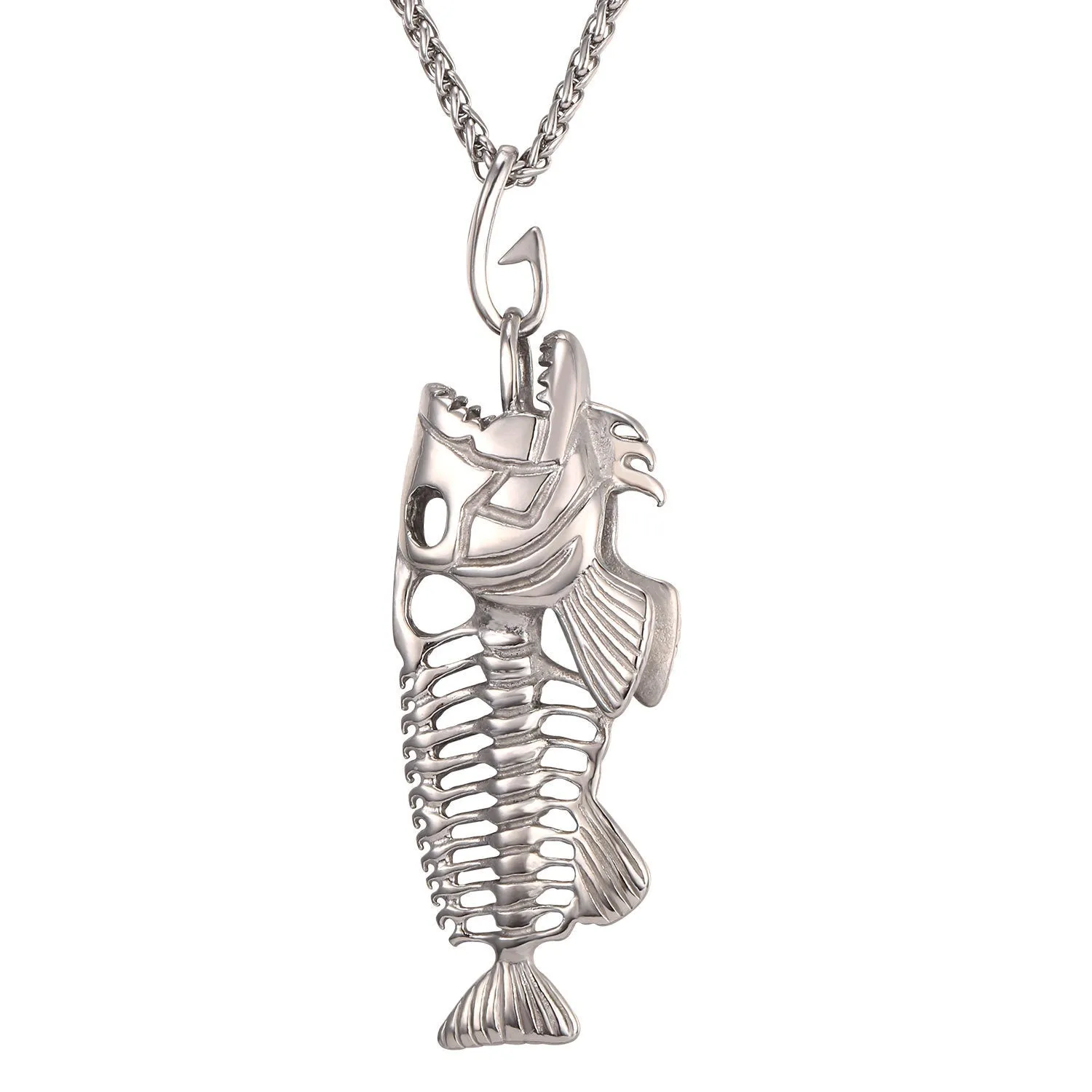 Fish bone pendant necklace in titanium steel with gold plated finish