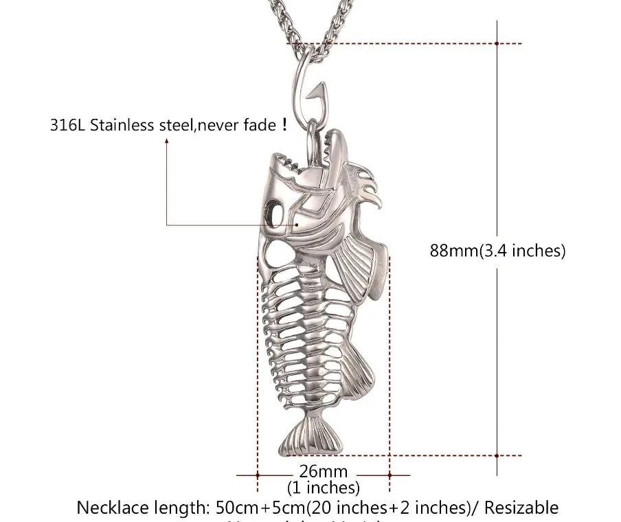 Fish bone pendant necklace in titanium steel with gold plated finish