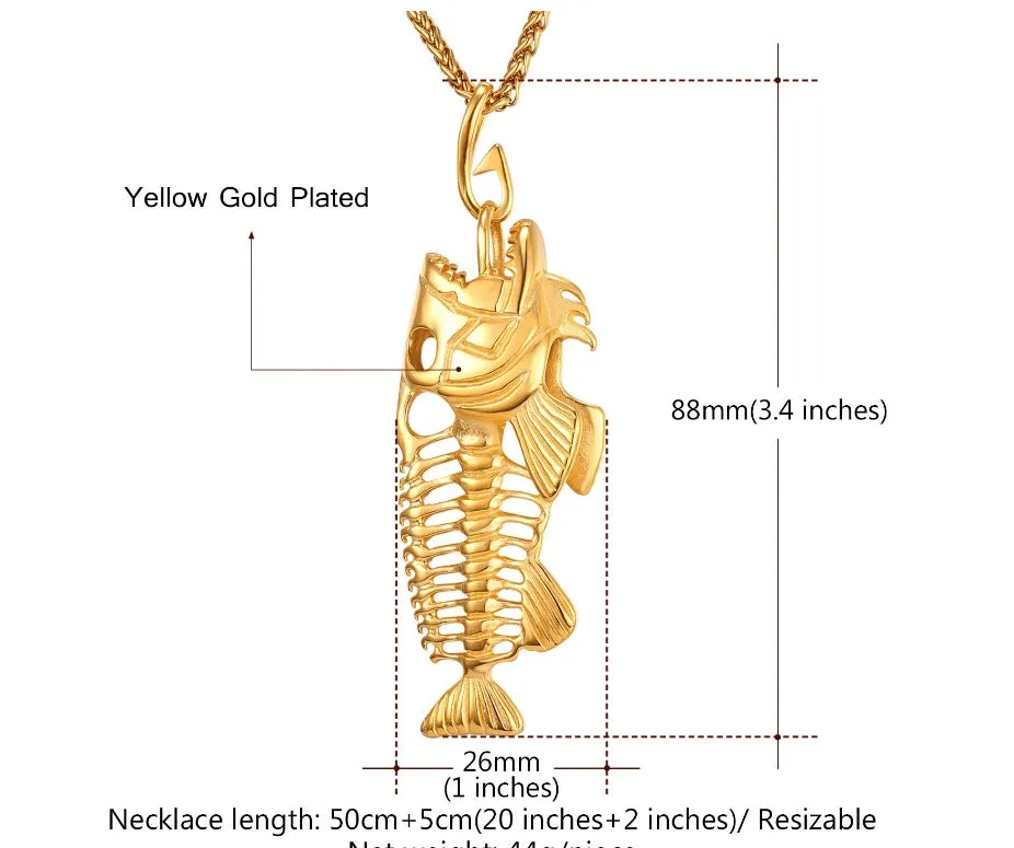 Fish bone pendant necklace in titanium steel with gold plated finish