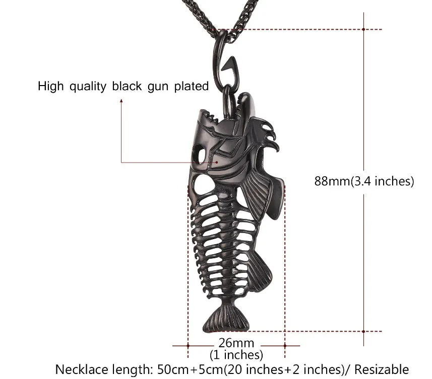 Fish bone pendant necklace in titanium steel with gold plated finish