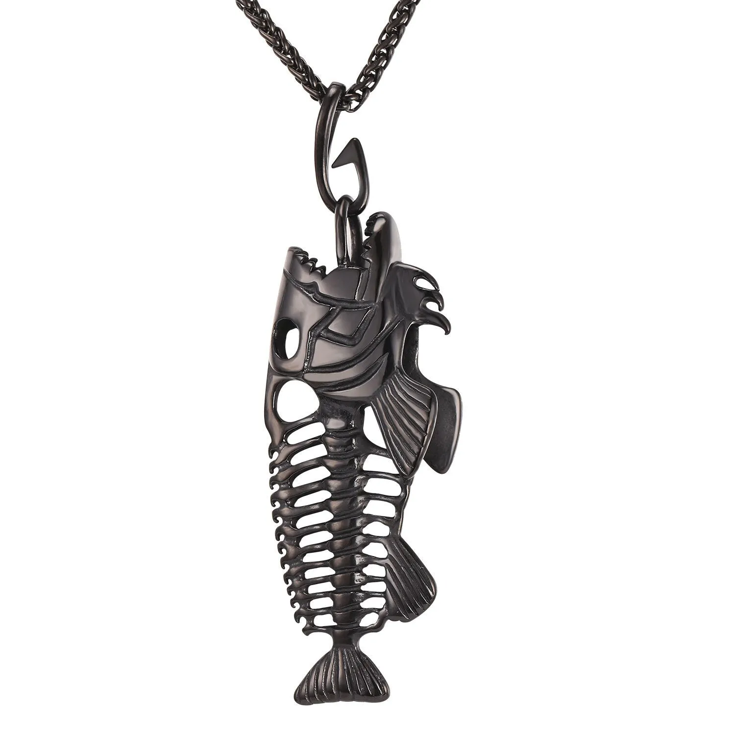 Fish bone pendant necklace in titanium steel with gold plated finish