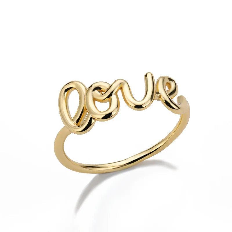 Small unisex copper LOVE ring with engraved text in gold finish for couples