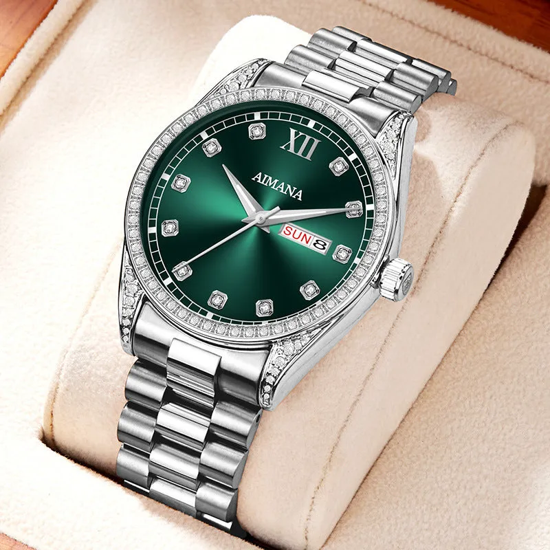 Log Series diamond disc quartz women's watch silver case white surface steel strap