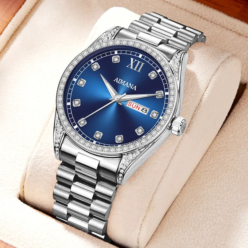 Log Series diamond disc quartz women's watch silver case white surface steel strap