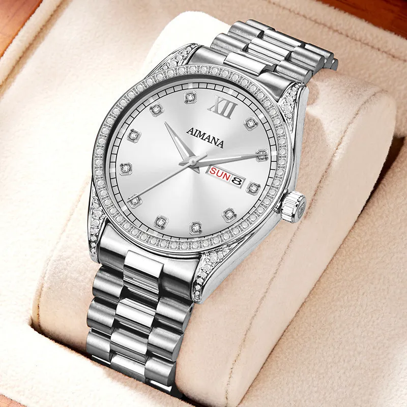 Log Series diamond disc quartz women's watch silver case white surface steel strap