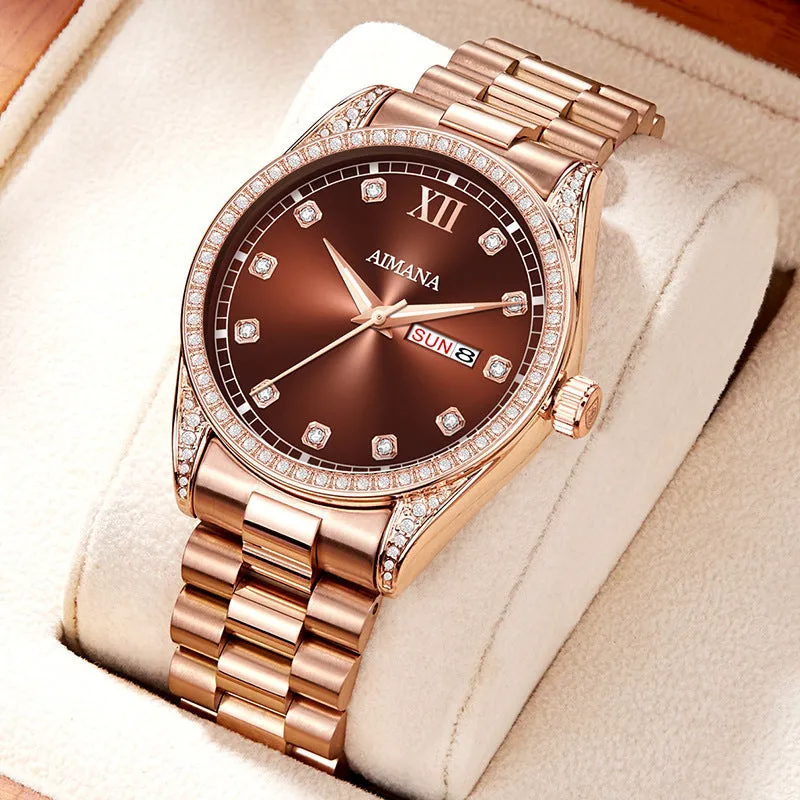 Log Series diamond disc quartz women's watch silver case white surface steel strap
