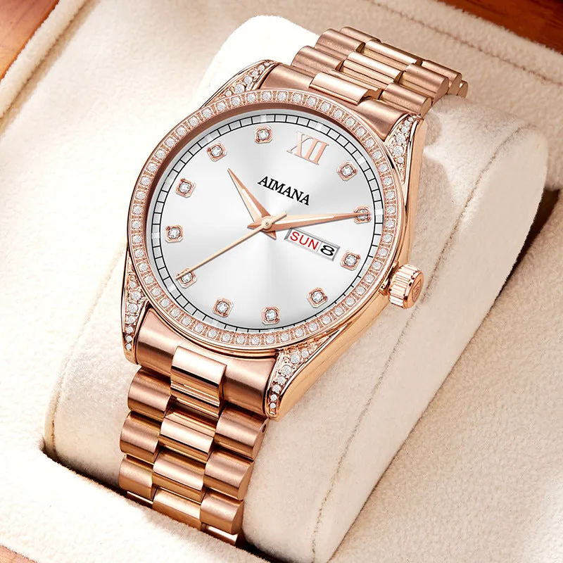 Log Series diamond disc quartz women's watch silver case white surface steel strap