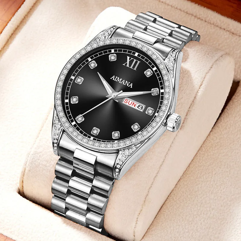 Log Series diamond disc quartz women's watch silver case white surface steel strap