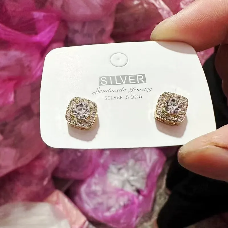 Square diamond geometric earrings in silver and gold alloy with quadrilateral design