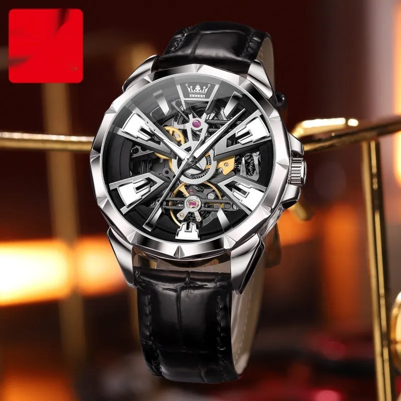Men's automatic mechanical watch with transparent case back showing movement and 44mm barrel-shaped dial