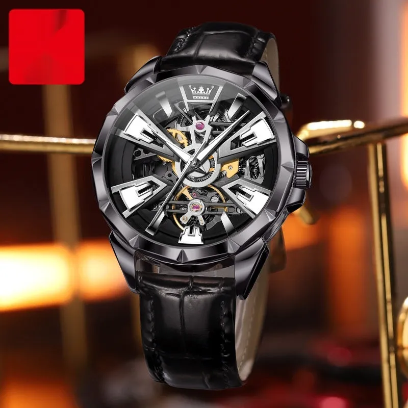 Men's automatic mechanical watch with transparent case back showing movement and 44mm barrel-shaped dial