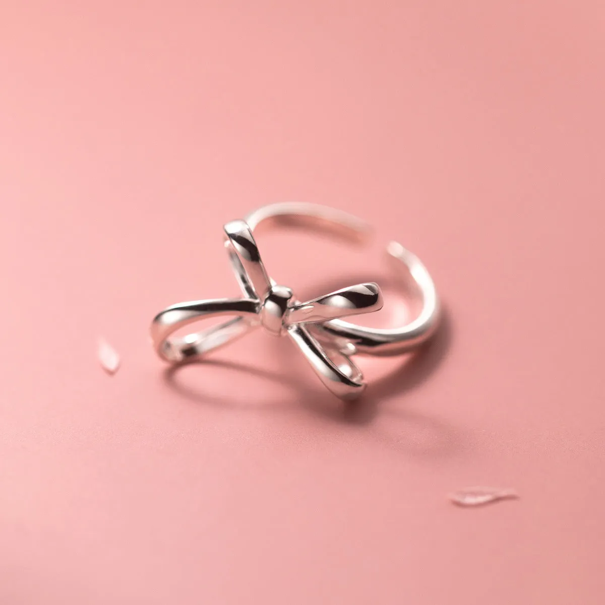 S925 silver bow ring with adjustable open band, simple line design, silver finish