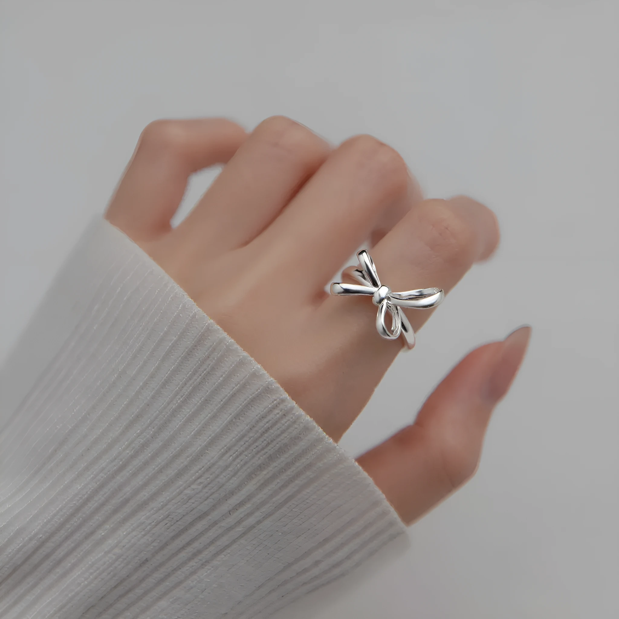S925 silver bow ring with adjustable open band, simple line design, silver finish