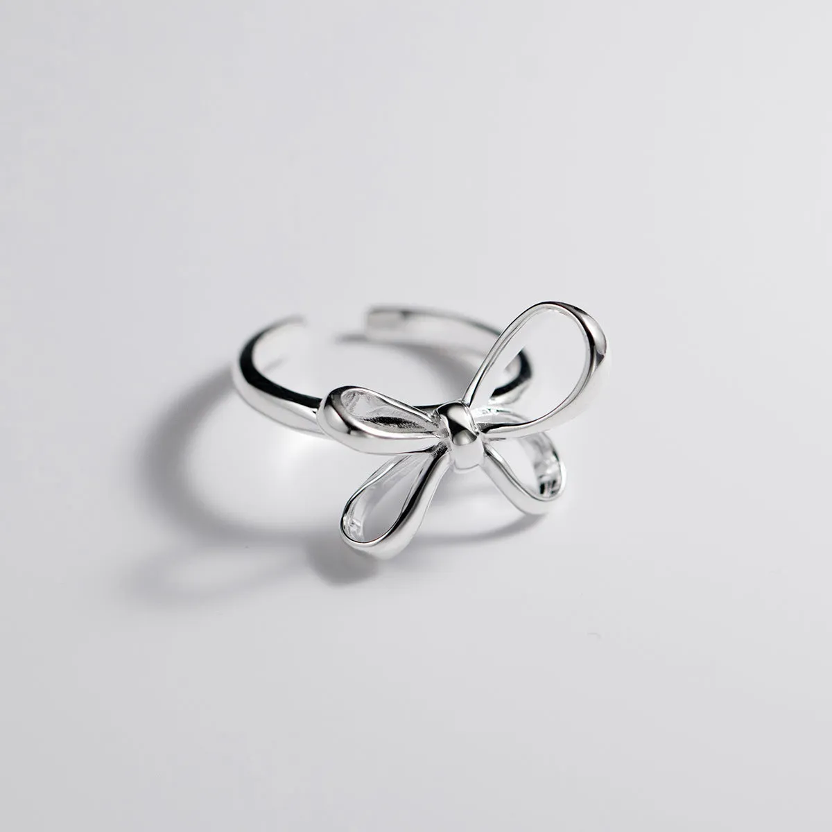 S925 silver bow ring with adjustable open band, simple line design, silver finish