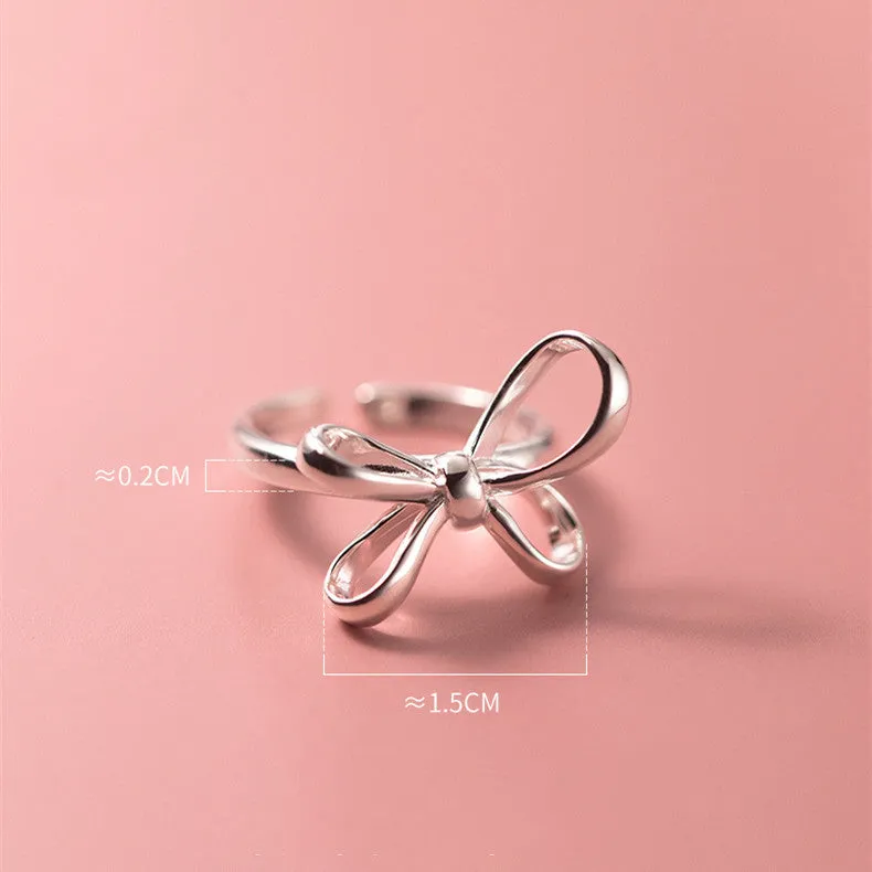 S925 silver bow ring with adjustable open band, simple line design, silver finish