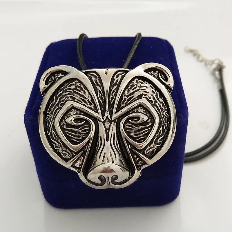 Viking pendant necklace retro silver alloy 40mm x 38mm on leather rope