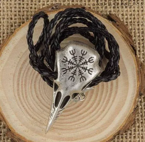 Viking pendant necklace retro silver alloy 40mm x 38mm on leather rope