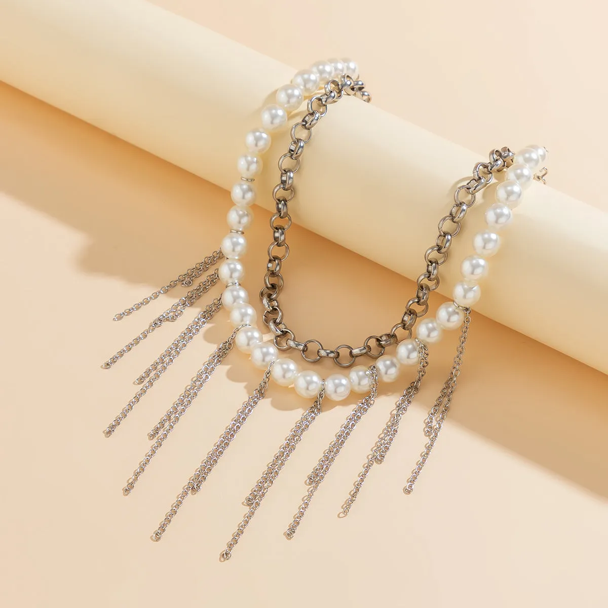 Imitation pearl tassel chain double-layer retro necklace with white K finish and geometric iron pendant