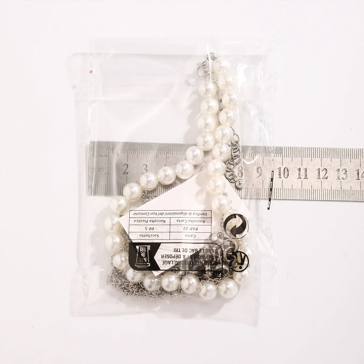 Imitation pearl tassel chain double-layer retro necklace with white K finish and geometric iron pendant